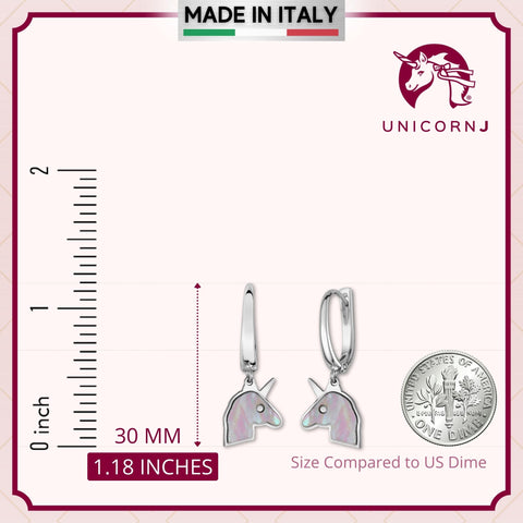 Sterling Silver Unicorn Leverback Dangle Earrings with Mother of Pearl Inlay