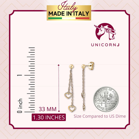 14K Yellow Gold Double Open Heart Long Dangle Earrings
