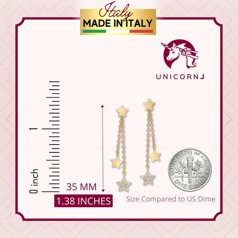 UNICORNJ 14K Yellow Gold Polished and Pave CZ Long Double Dangle Drop Star Earrings Italy