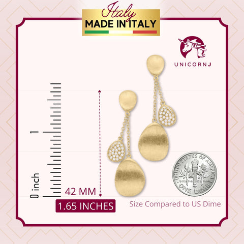 UNICORNJ 14K Yellow Gold Brushed Long Double Dangle Drop Curved Teardrop Earrings with CZ's Italy