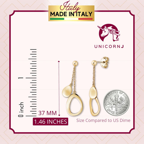UNICORNJ 14K Yellow Gold Polished Long Double Dangle Drop Curved Open and Solid Teardrop Earrings Italy