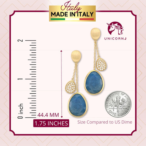 UNICORNJ 14K Yellow Gold Double Dangle Drop Teardrop Earrings with Opaque Blue or Pink Sapphire Faceted and Pave CZ Accent Italy
