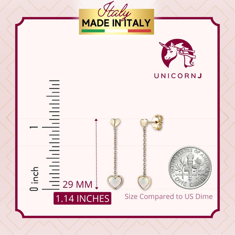 14K Yellow Gold Heart Earring Drop Dangle Mother of Pearl for Girls and Women Italy