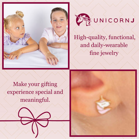 14K Yellow Gold Girls Earrings Unicorn Cute Pink Enamel Italy