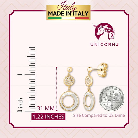 14K Yellow Gold Round Circle Disc Post Dangle Earrings with Mother of Pearl and Simulated Diamonds Italy