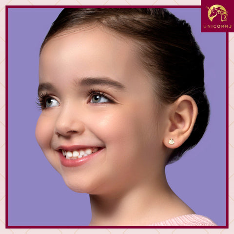 UNICORNJ 14K Yellow and White Gold Children's Kids Guardian Angel Post Earrings with CZ's Italy