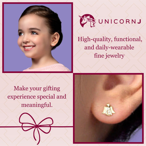 UNICORNJ 14K Yellow and White Gold Children's Kids Guardian Angel Post Earrings with CZ's Italy
