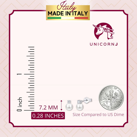 UNICORNJ 14K White Gold Freshwater Cultured Pearl Post Stud Earrings with Simulated Diamond CZ 5 7 8 mm Italy
