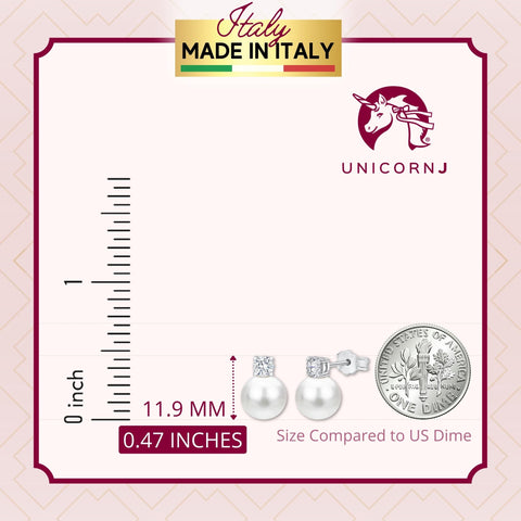 UNICORNJ 14K White Gold Freshwater Cultured Pearl Post Stud Earrings with Simulated Diamond CZ 5 7 8 mm Italy