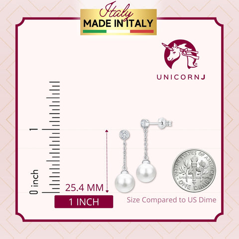 UNICORNJ 14K White Gold Freshwater Cultured Pearl Drop Dangle Earrings with Bezel Set Simulated Diamond CZ 7.5mm Italy