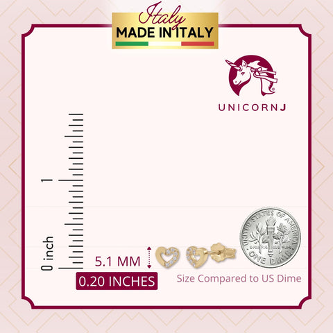 UNICORNJ 14K Yellow or White Gold Children's Kids Baby Tiny Heart Post Earrings Half Polished Half CZ's Italy
