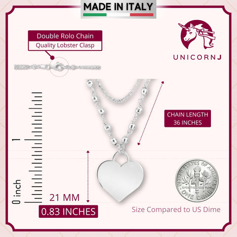 Sterling Silver Rose Gold Plated High Polished Heart Pendant Necklace Very Long Double Chain 36"