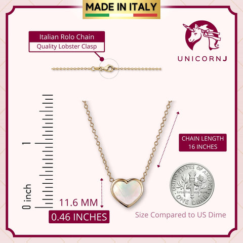 14K Yellow Gold Heart Pendant necklace Mother of Pearl or Pink for Girls and Women Italy 16 inches