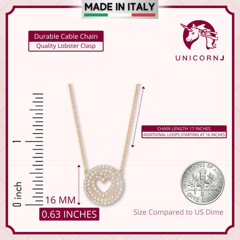 UNICORNJ Sterling Silver 925 Pave CZ Disc Pendant Necklace with Heart Cut-out Yellow Gold Plated 17" Italy