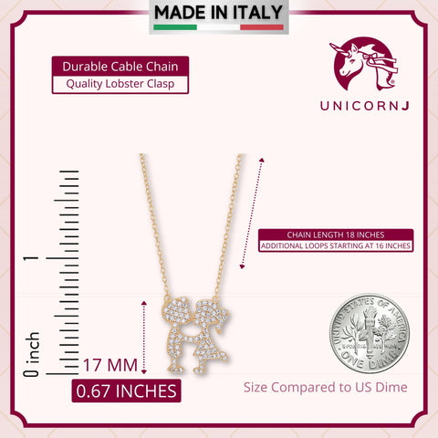 UNICORNJ Sterling Silver 925 Pave CZ Girl Boy Kissing Silhouette Pendant Yellow Gold Plated  18" Italy