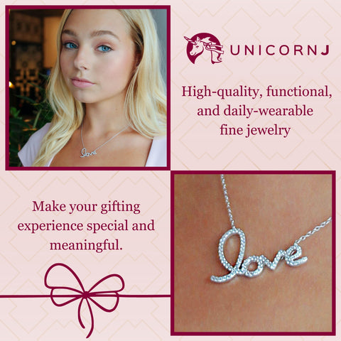 Script Love Necklace Pendant Sterling Silver 925 Yellow Gold Plated with Simulated Diamonds 17 inches