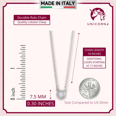 UNICORNJ Sterling Silver Rose and Yellow Gold Plated Polished Bezel Set Round Simulated Diamond Solitaire 6mm Necklace