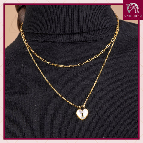 Sterling Silver Heart Lock Keyhole Pendant Necklace with Mother of Pearl Inlay 17"