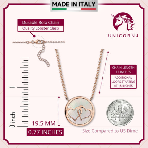 Sterling Silver Necklace Pendant Double Hearts Linked in Circle Rose Gold Plated with Mother of Pearl 17"