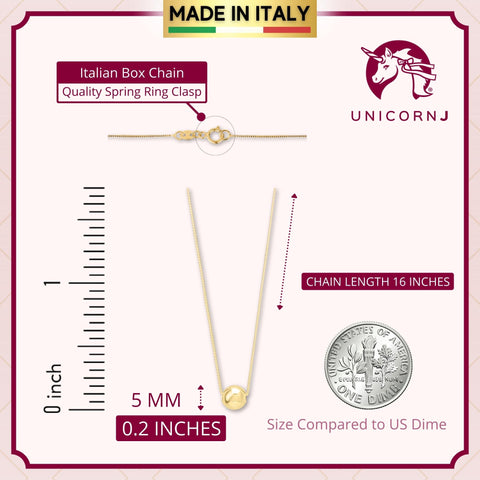 Floating Ball Pendant Necklace 14K Yellow Gold Polished Shiny on Box Chain Italy UNICORNJ 16"
