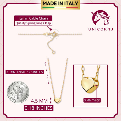 14K Yellow Gold Floating Heart Pendant Necklace Polished Shiny on Cable Chain Italy 17.5"