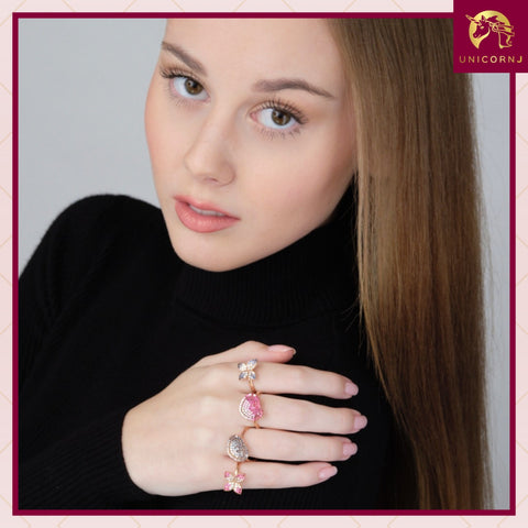 UNICORNJ 14K Rose Gold Four Petal Flower Ring Red or BluePave CZ Italy
