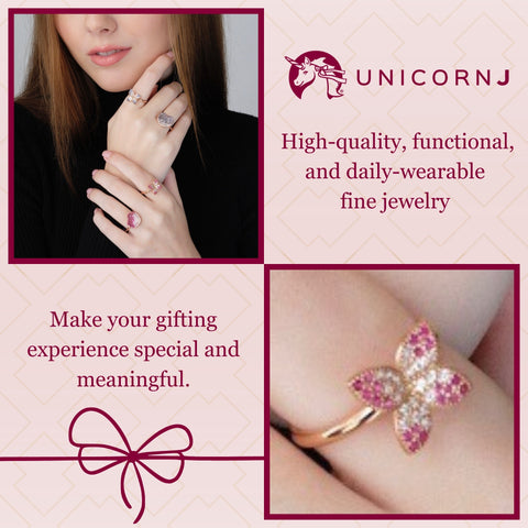 UNICORNJ 14K Rose Gold Four Petal Flower Ring Red or BluePave CZ Italy