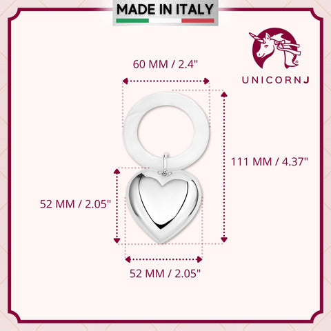 UNICORNJ Sterling Silver Keepsake Baby Rattle Teether Heart Personalized with Engraved Initials or Name | Complete with Gift Box | Gift for Baby | Made in Italy
