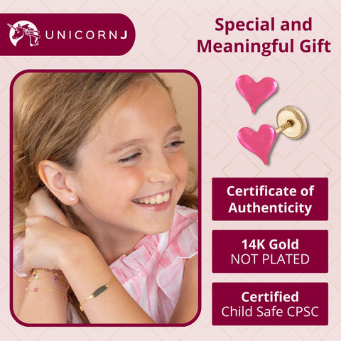 UNICORNJ 14k Yellow Gold Stud Earrings Small Heart with Color Enamel for Girls or Women Screwback