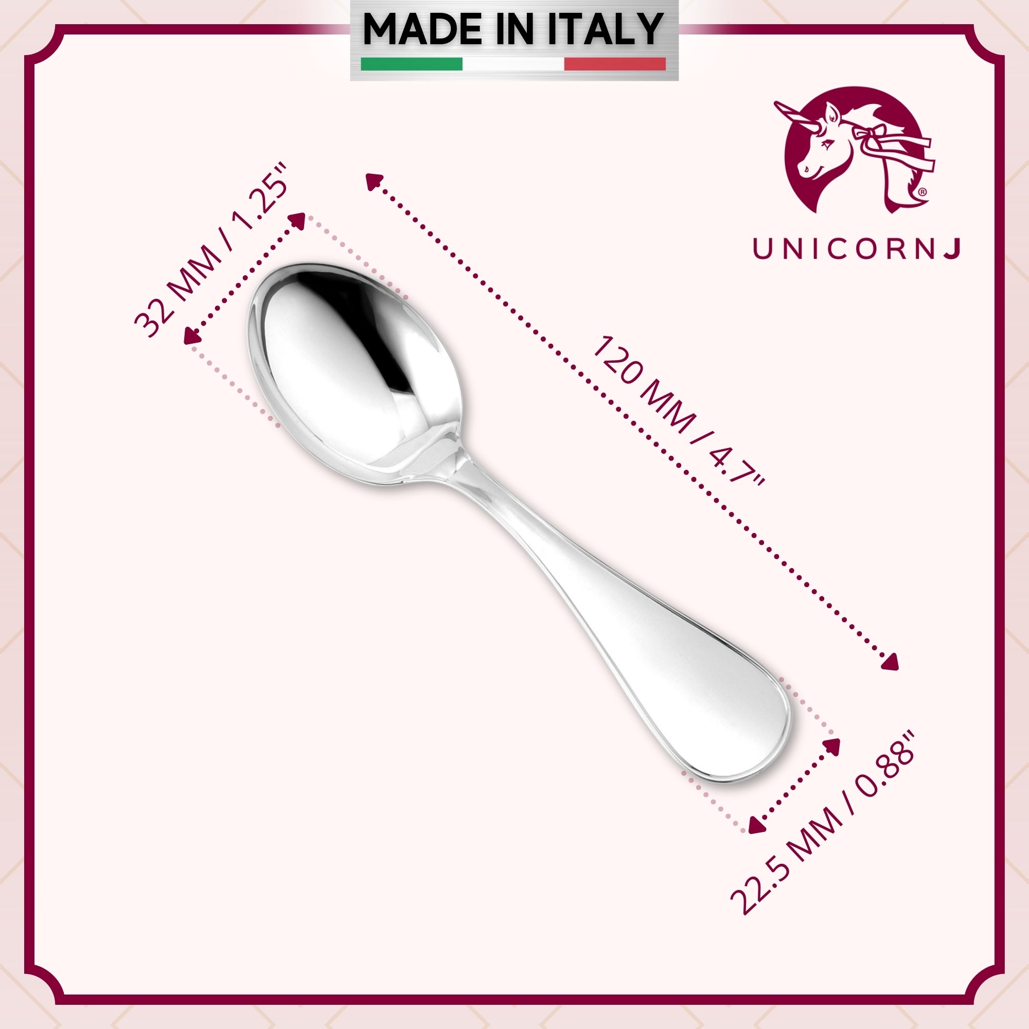Close-up of the Sterling Silver 925 baby spoon with dimensions indicated