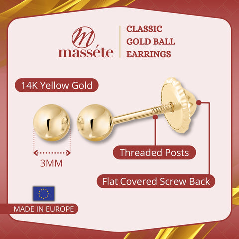 14k Solid Gold Ball Earrings with Flat Covered Back Screwback Shiny Sphere Earring Studs 3mm 4mm 5mm