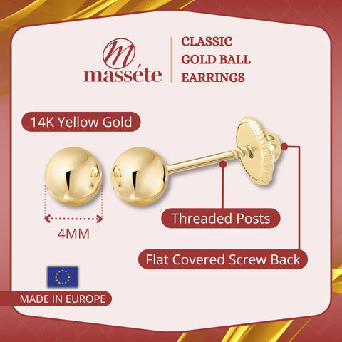 14k Solid Gold Ball Earrings with Flat Covered Back Screwback Shiny Sphere Earring Studs 3mm 4mm 5mm