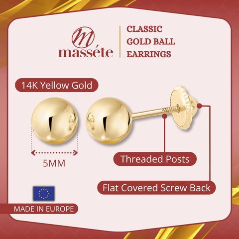 14k Solid Gold Ball Earrings with Flat Covered Back Screwback Shiny Sphere Earring Studs 3mm 4mm 5mm