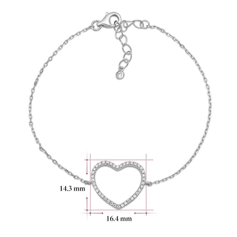 Sterling Silver Bracelet for Girls Large Open Heart with Simulated Diamonds 7.5"