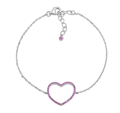 Sterling Silver Bracelet for Girls Large Open Heart with Simulated Diamonds 7.5"