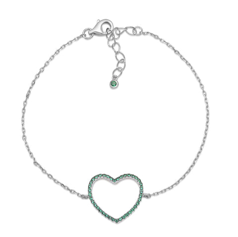 Sterling Silver Bracelet for Girls Large Open Heart with Simulated Diamonds 7.5"