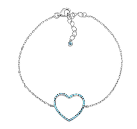 Sterling Silver Bracelet for Girls Large Open Heart with Simulated Diamonds 7.5"