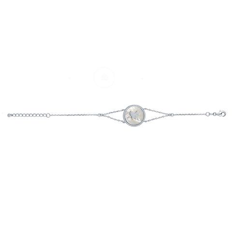 Sterling Silver Bracelet Butterfly in Circle Disc Mother of Pearl Simulated Diamonds Double Chain 7.5"