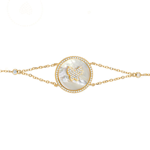Sterling Silver Bracelet Butterfly in Circle Disc Mother of Pearl Simulated Diamonds Double Chain 7.5"