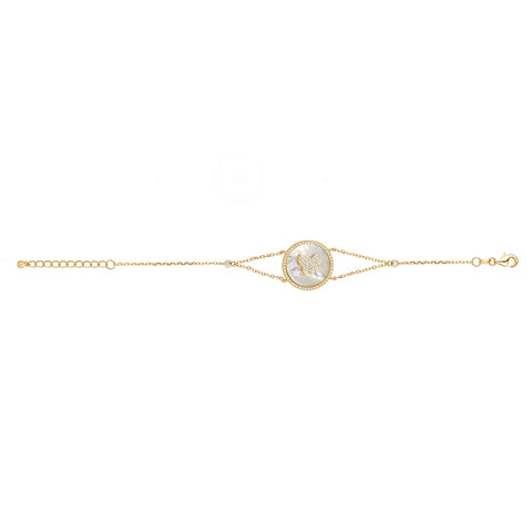 Sterling Silver Bracelet Butterfly in Circle Disc Mother of Pearl Simulated Diamonds Double Chain 7.5"
