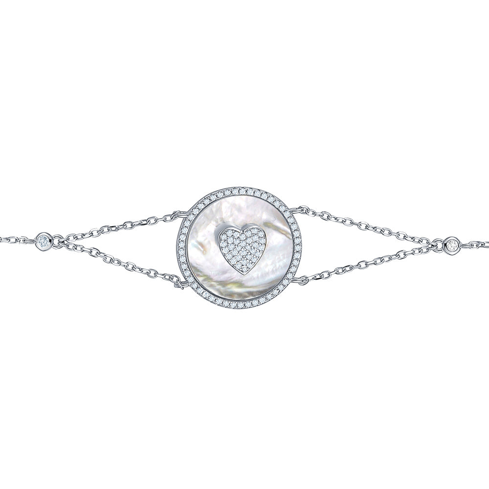 Sterling Silver Bracelet Heart in Circle Disc Mother of Pearl Simulated Diamonds Double Chain 7.5"