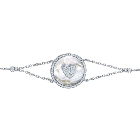 Sterling Silver Bracelet Heart in Circle Disc Mother of Pearl Simulated Diamonds Double Chain 7.5"