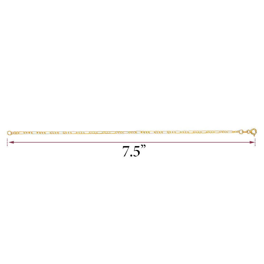 14K Solid Yellow Gold Figaro Link Chain 3+1 Bracelet for Men Made in Italy - Width 2mm Length 7.5"