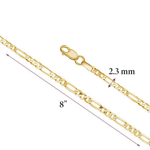 14K Solid Gold Figaro Link Chain Bracelet for Men | 3+1 Links | 2.5 and 4mm Width | 8.25" Length | Made in Italy