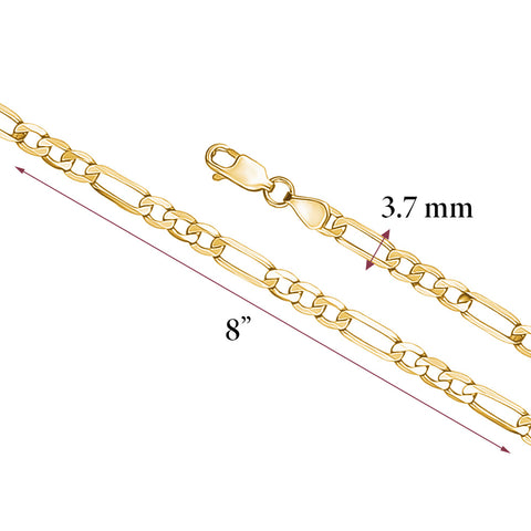 14K Solid Gold Figaro Link Chain Bracelet for Men | 3+1 Links | 2.5 and 4mm Width | 8.25" Length | Made in Italy