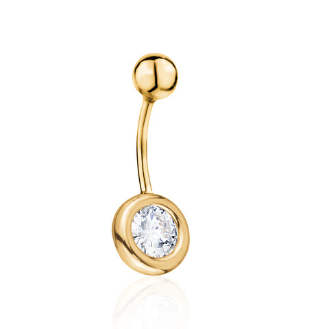 14k yellow gold belly ring with a sparkling simulated crystal detail