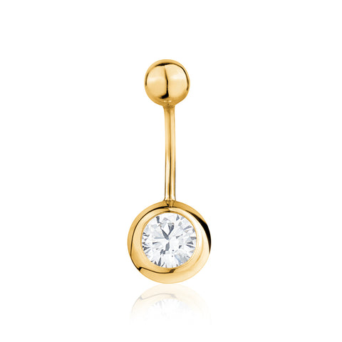Navel piercing jewelry made of 14k yellow gold with a central faux diamond