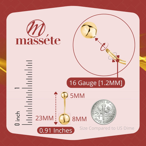 Measurement chart for a 14k gold belly button barbell