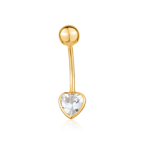 Heart Belly Ring 14k Yellow Gold Navel Ring Belly Button Ring 16 Gauge Simulated Diamond Gemstone Body Piercing Jewelry