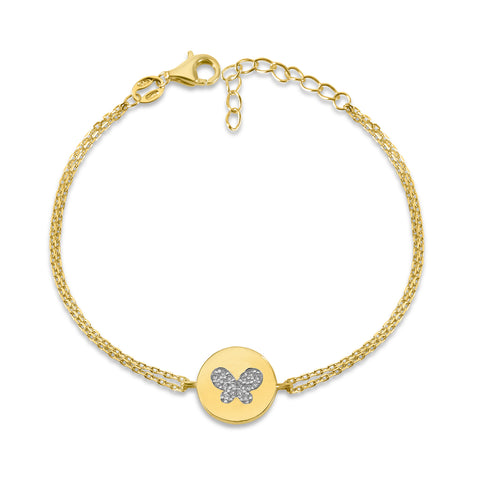 MASSETE Sterling Silver 925 Gold Plated CZ Round Disc Double Chain Bracelet 7"